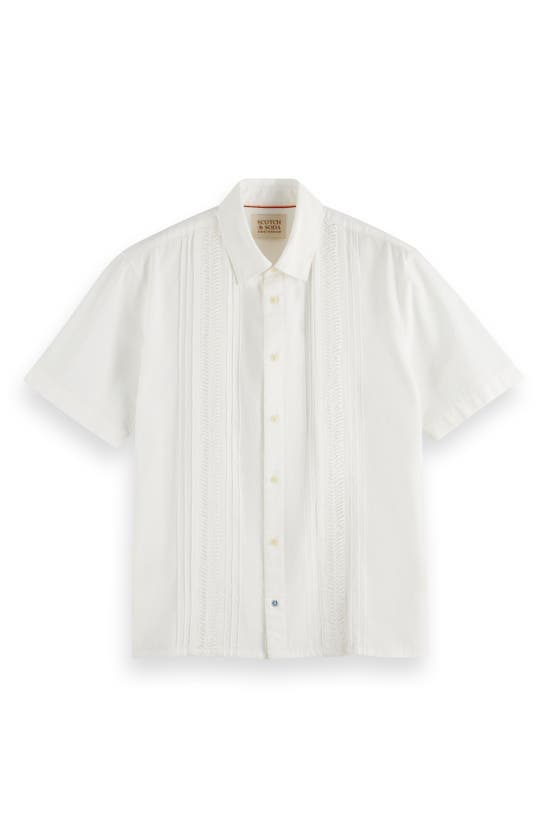 Scotch & Soda Pintuck Detail Short Sleeve Button-up Shirt In Bright White