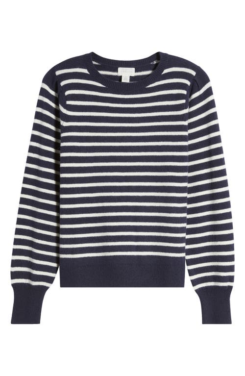 Shop Caslonr Caslon(r) Puff Sleeve Cotton Blend Crewneck Sweater In Navy- Ivory Pinstripe