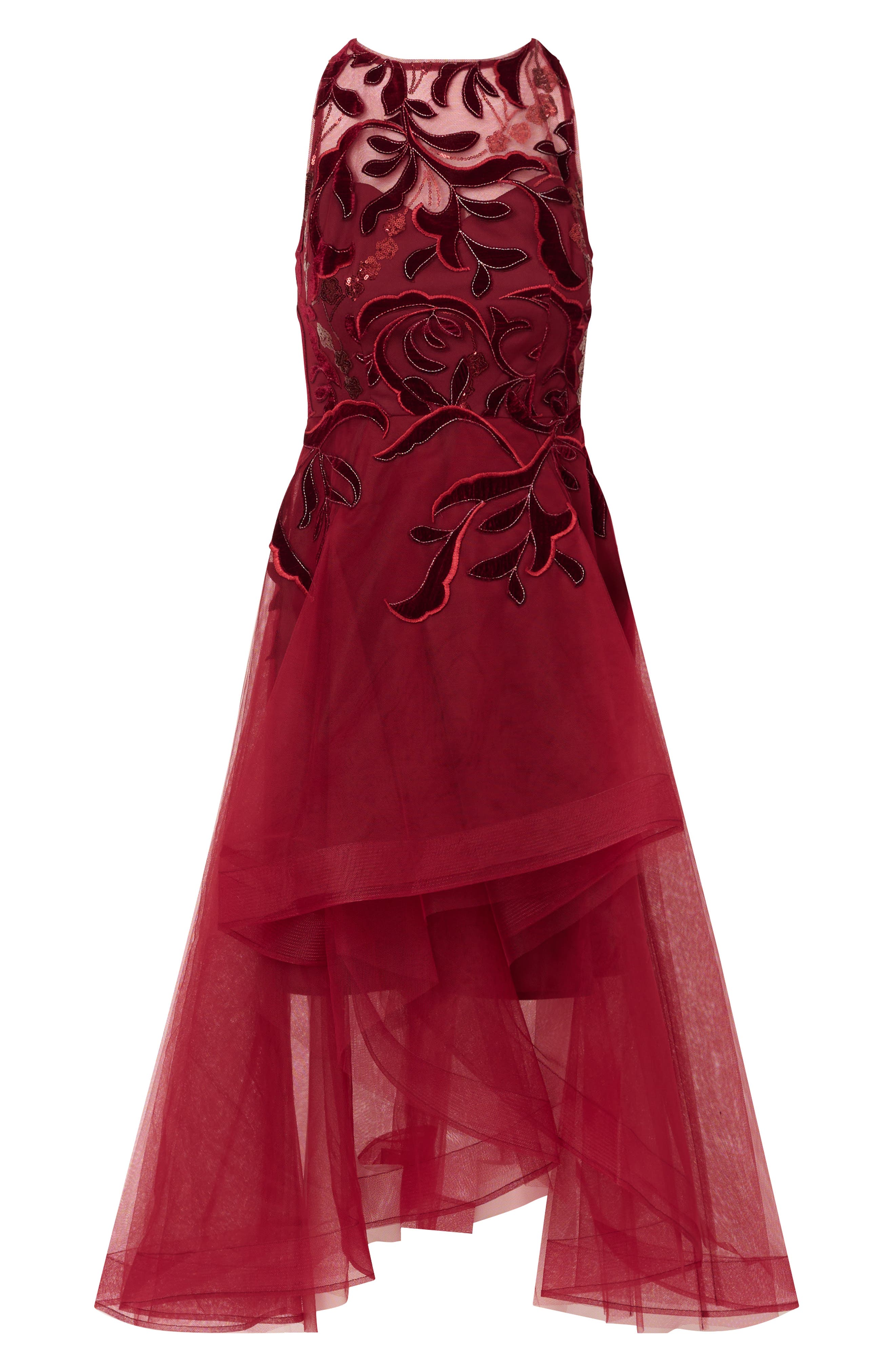 Adrianna Papell Velvet Appliqu Tulle Cocktail Dress in Garnet