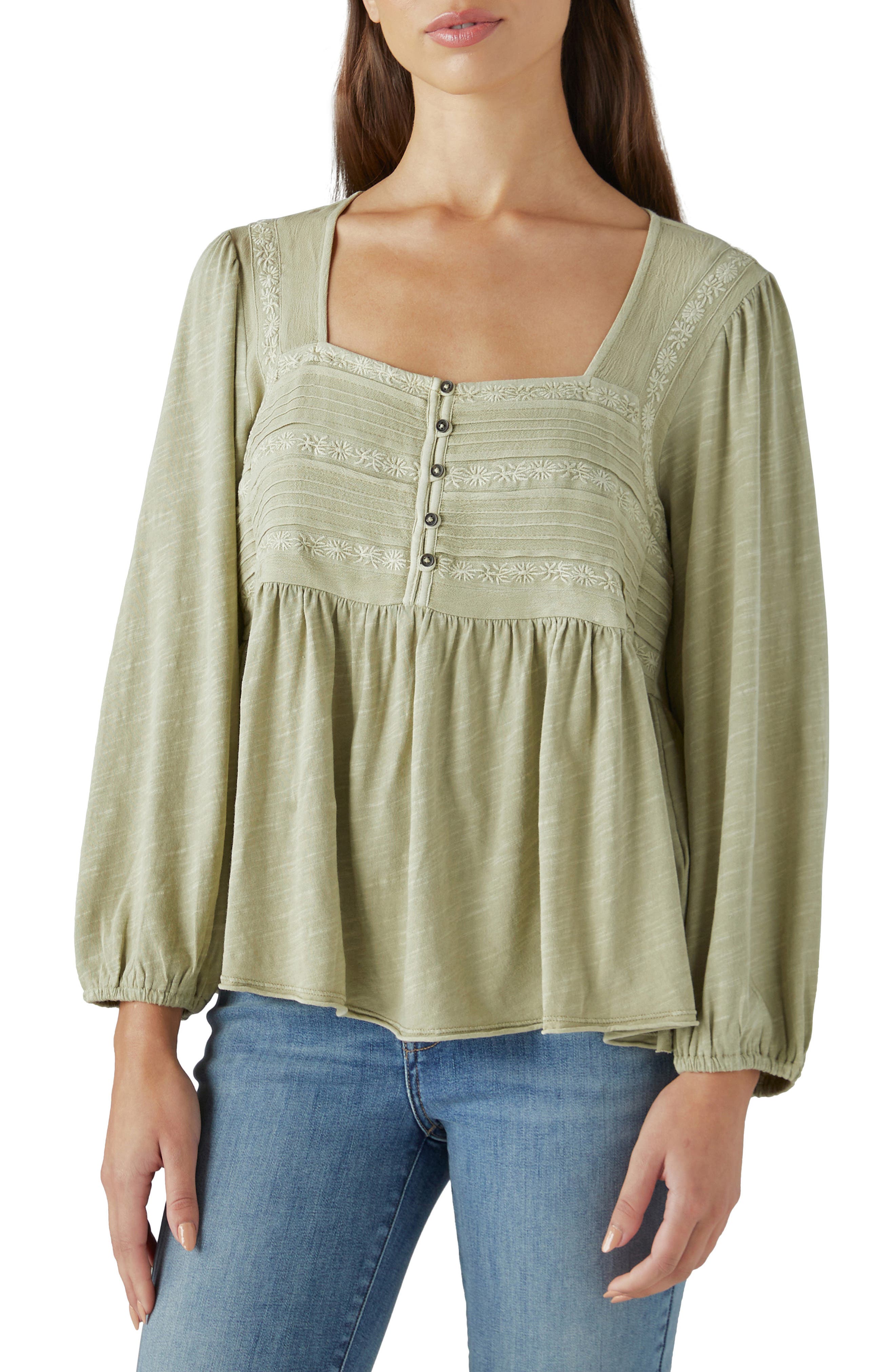 Blouse Femme Lucky Brand Taille M - Noir, Mélange Lin, Motifs Géométriques Et Crochet - Occasion Très Bon état