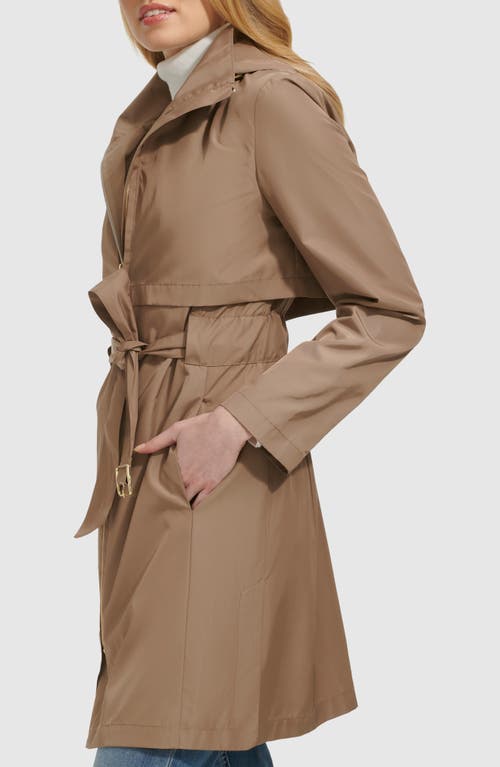 Cole Haan Belted Travel Packable Hooded Rain Jacket In Champagne