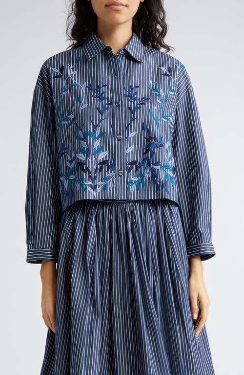 Assia Floral Embroidered Stripe Crop Button-Up Shirt in Blue Denim Leaves