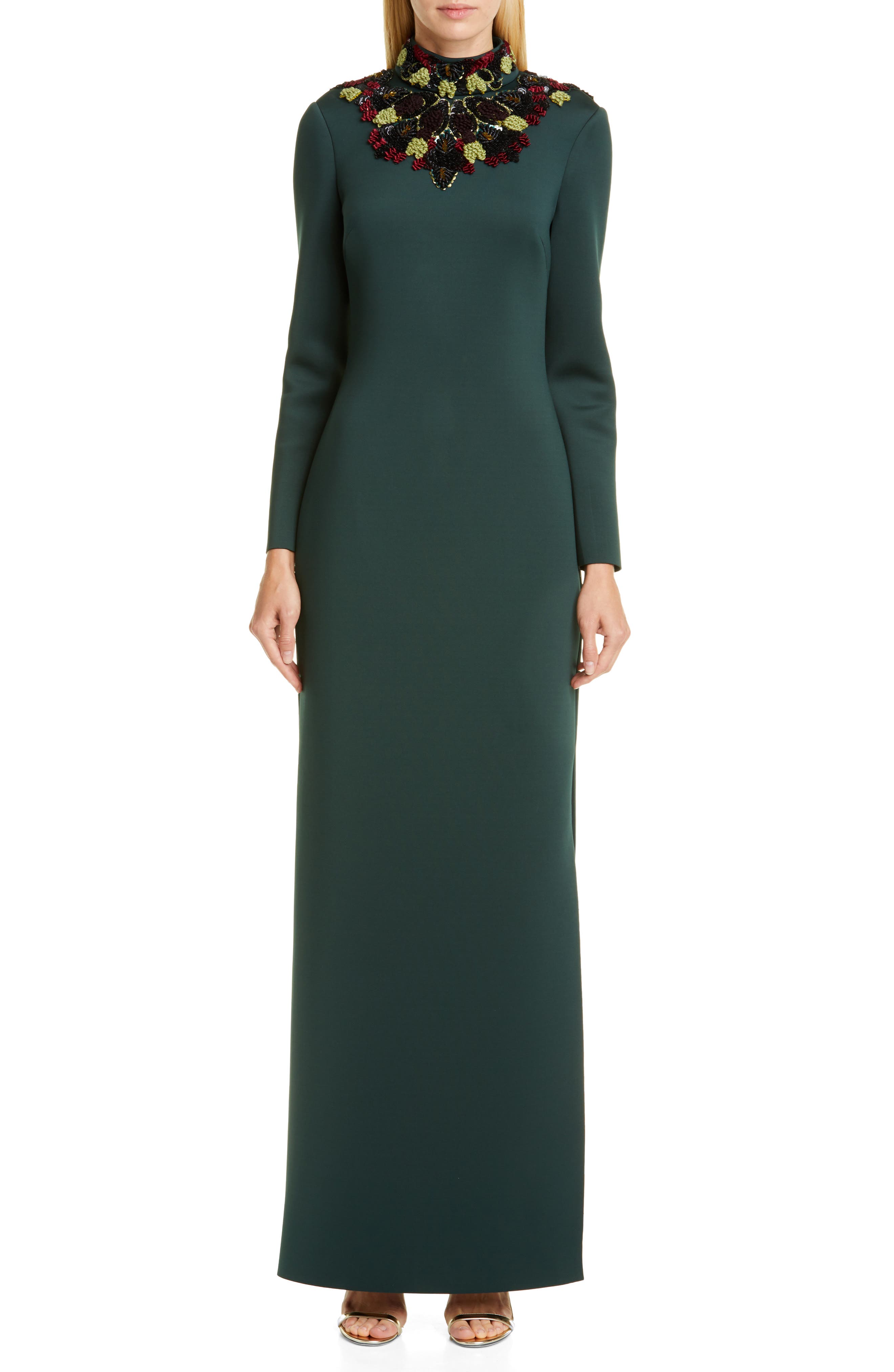 Badgley Mischka Open Back Long Sleeve Embellished Gown, Green