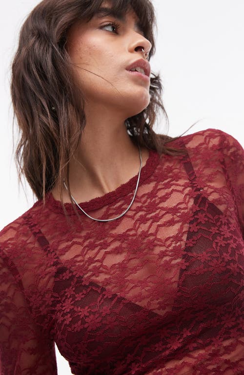 Shop Topshop Lace Sheer Long Sleeve Top In Burgundy