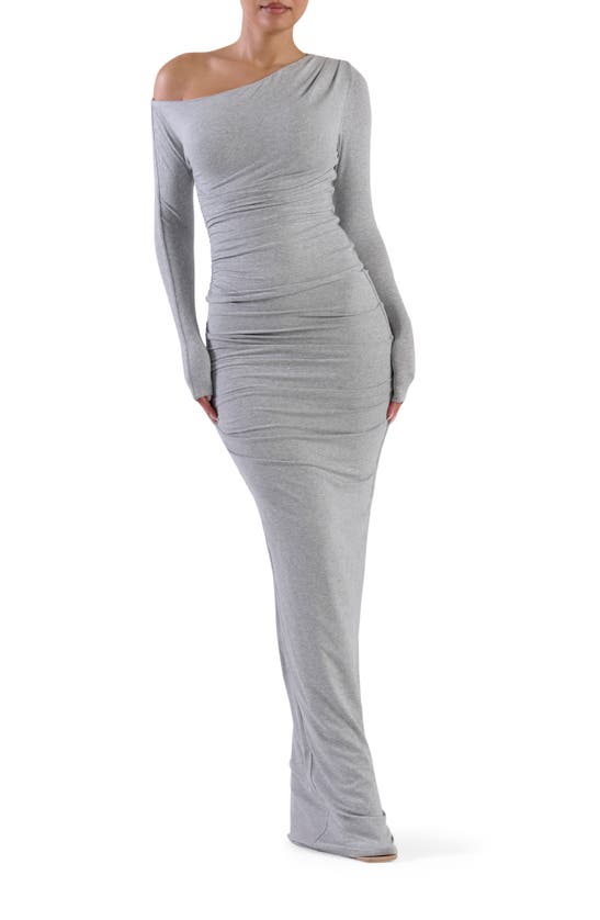 Naked Wardrobe Ruched One-shoulder Top In Heather Grey