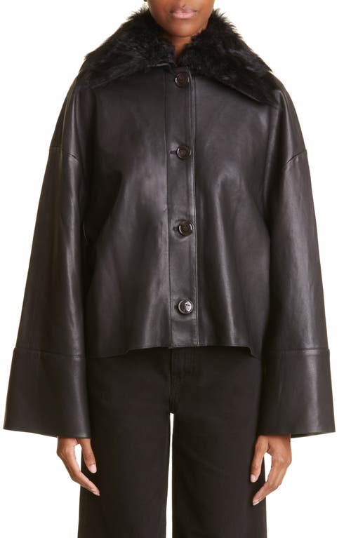 Totême Lambskin Leather Jacket with Genuine Shearling Collar in Black