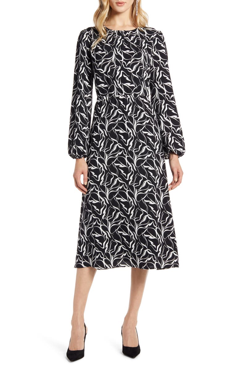 HALOGEN<SUP>®</SUP> Long Sleeve Midi Dress, Main, color, BLACK- IVORY STROKE PRINT