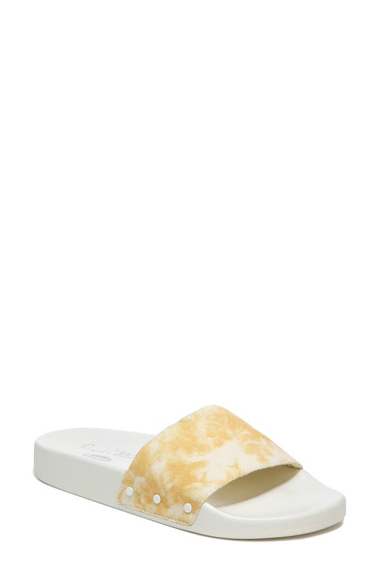 Click to view more detailed imagery on our partner's website Dr. Scholl's Pisces Slide Sandal In Gold Yellow Tie Dye Fabric