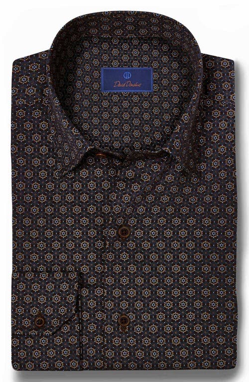 David Donahue Geometric Print Cotton Sateen Dress Shirt in Chocolate/Multi 