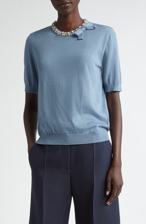 Shop Valentino Garavani Bow Crystal Embellished Short Sleeve Virgin Wool Sweater In Light Blue