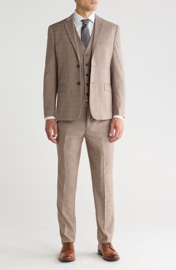 Shop Gino Vitale Slim Fit Check Three Piece Suit In Light Brown