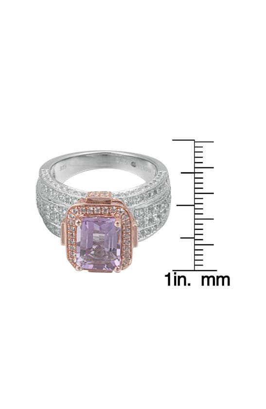 Shop Suzy Levian Two-tone Emerald Cut Semiprecious Stone & White Topaz Halo Ring In Pink