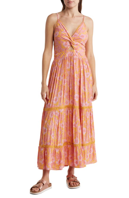 Angie Twist Front Center Cutout Maxi Dress In Orange/ Pink