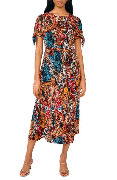 Chaus Print Split Sleeve Tie Cuff Midi Dress In Black/teal/red