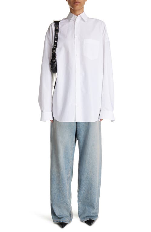 Balenciaga Oversize Crystal Logo Cotton Button-Up Cocoon Shirt White at Nordstrom, Us