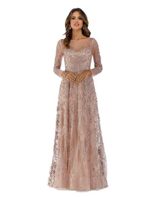 Shop Lara New York Illusion Neckline A-line Long Sleeves Gown In Blush