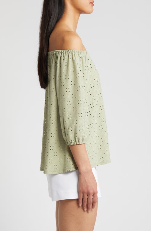 Shop Loveappella Eyelet Off The Shoulder Top In Sage