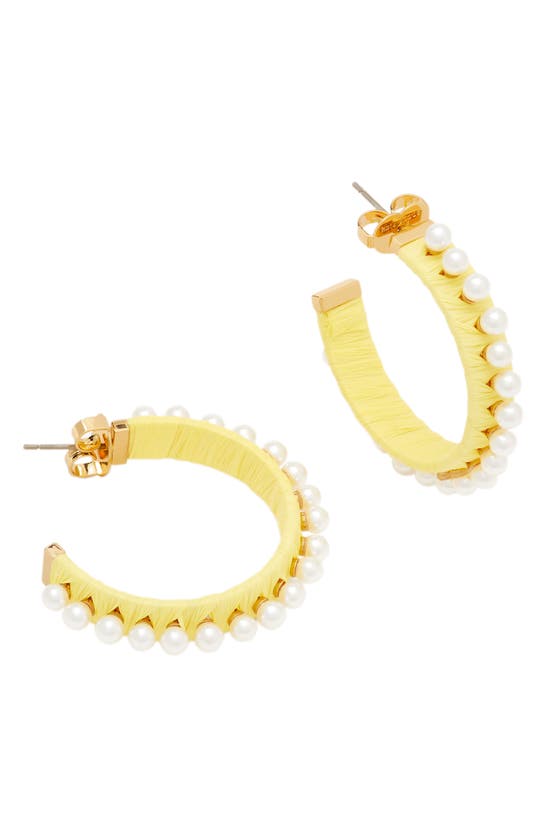 Kate Spade Imitation Pearl Raffia Hoop Earrings In Yellow/white