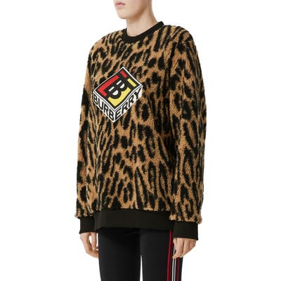 Burberry Logo Graphic Leopard Jacquard Fleece Sweatshirt, Brown