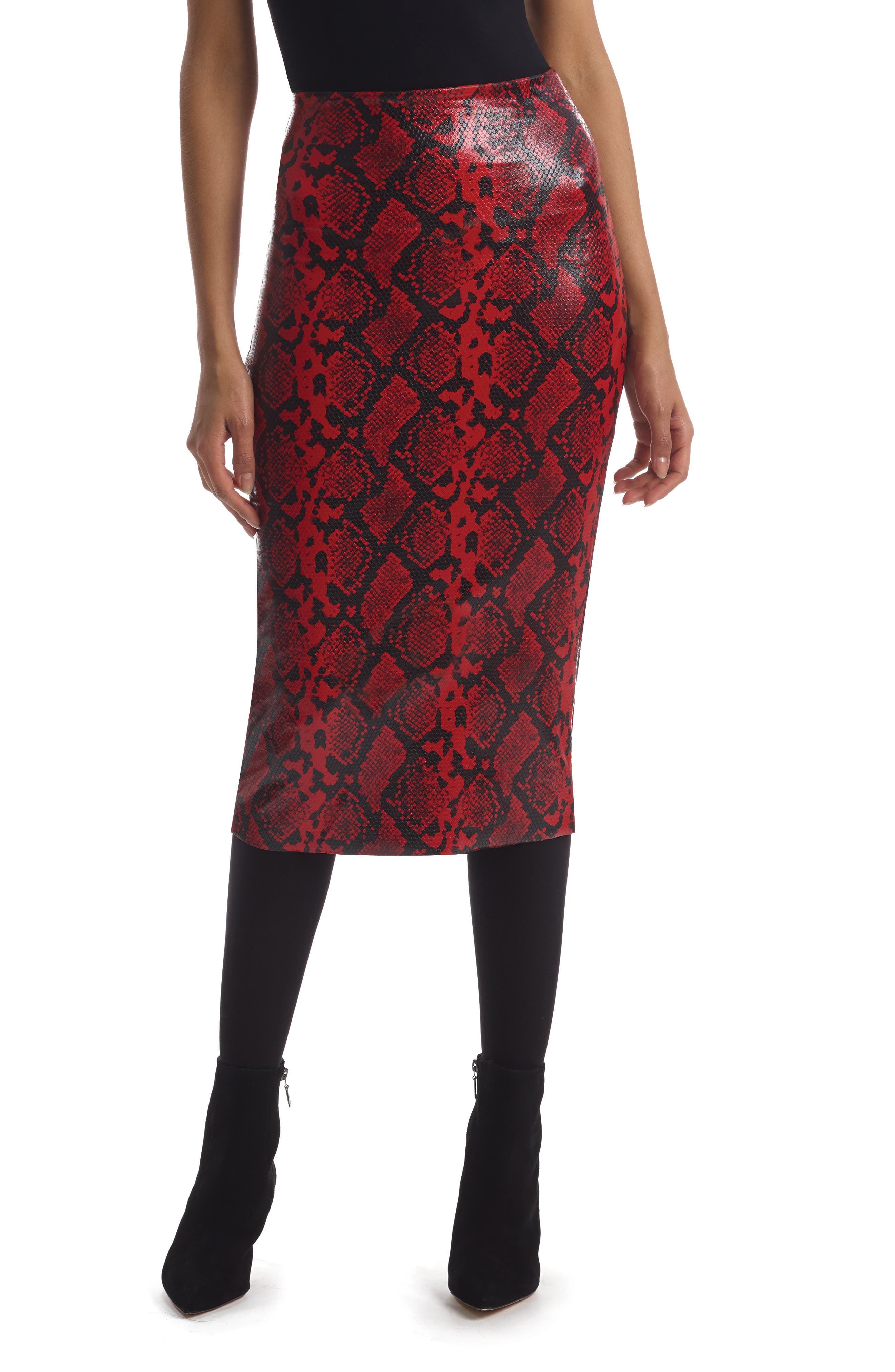 red snake print leather skirt