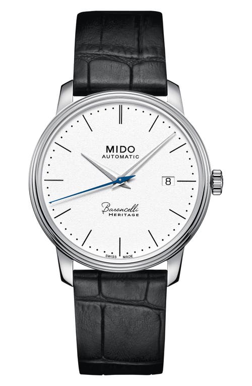 MIDO Baroncelli Heritage Automatic Leather Strap Watch, 39mm in Black/White/Silver at Nordstrom