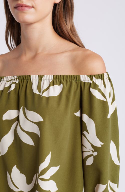 Shop Loveappella Floral Print Off The Shoulder Top In Olive Natural