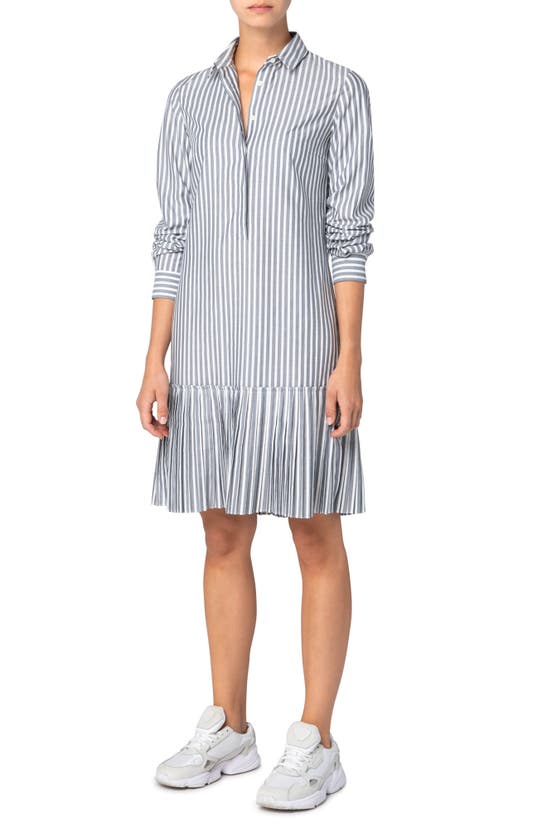 Akris Punto Kodak Stripe Pleated Hem Long Sleeve Poplin Shirtdress In Silverhite