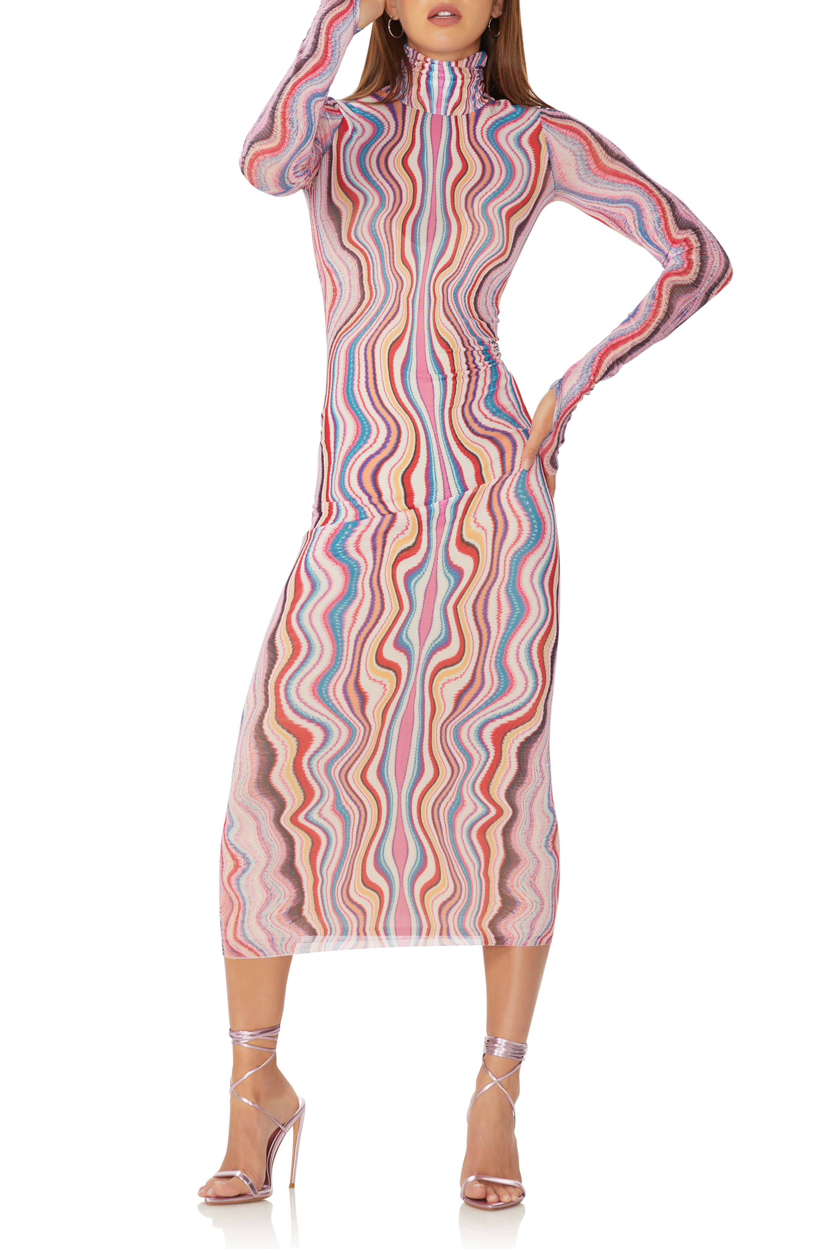 Afrm Shailene Mesh Long Sleeve Midi Dress in Multi Wave