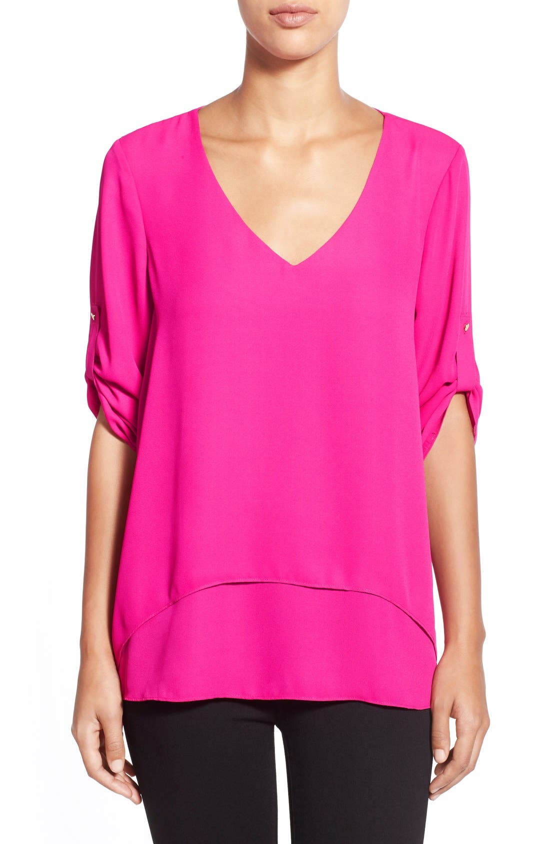 Chaus Roll Sleeve Double Layer VNeck Blouse Nordstrom