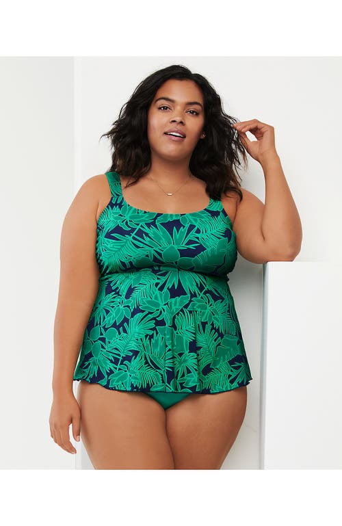 Shop Lands' End Plus Size Flutter Scoop Neck Tankini Top In Navy/emerald Palm Foliage