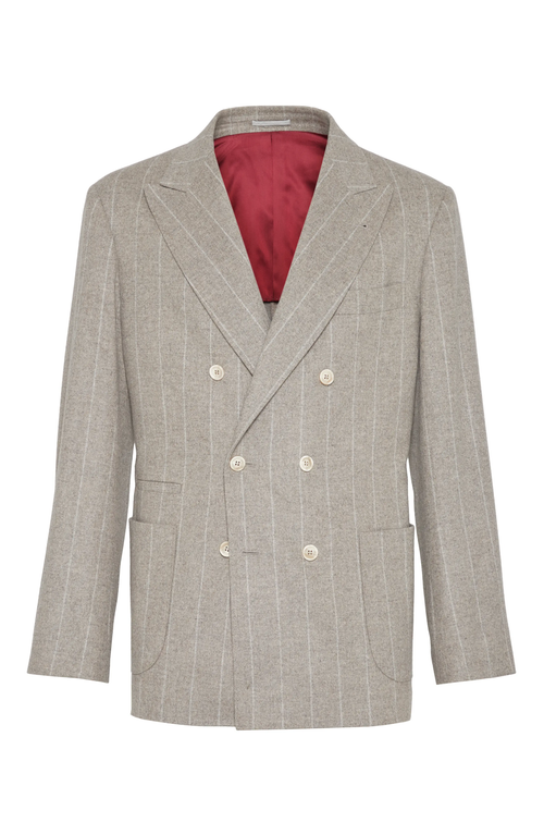 Shop Brunello Cucinelli Wool And Cashmere Wide Chalk Stripe Combed Flannel One-and-a-half Breasted Decons In Stone Grey