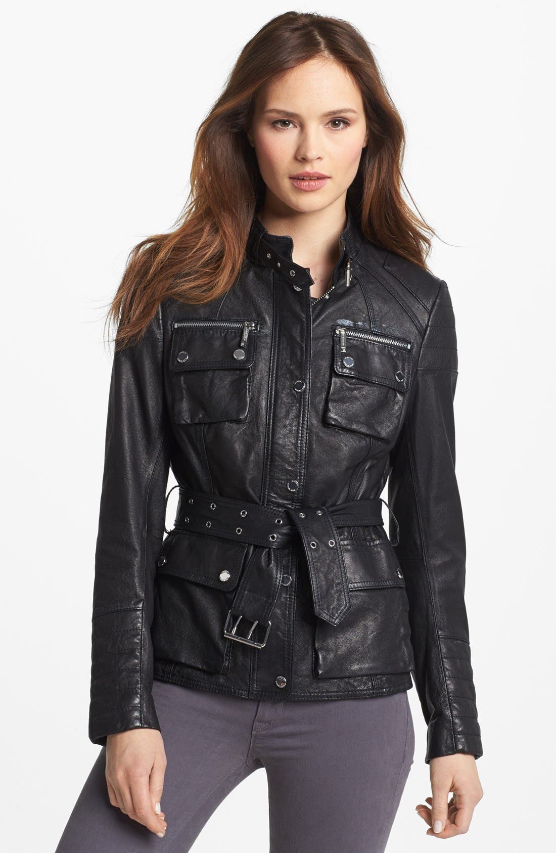MICHAEL Michael Kors Belted Leather Jacket (Regular & Petite