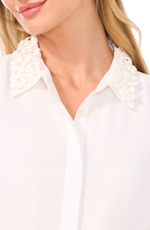 Cece Floral Applique Collared Blouse In New Ivory White