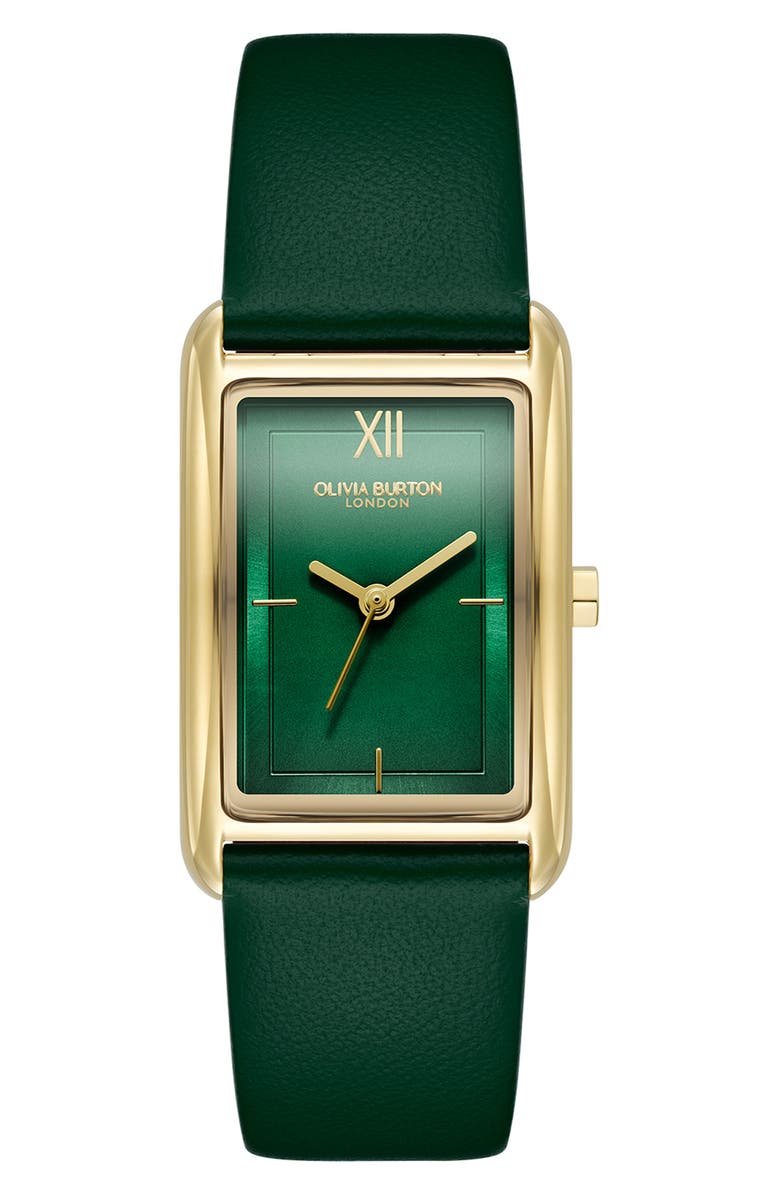 Olivia Burton Grove Rectangular Leather Strap Watch, 23mm, Main, color, Forest Green
