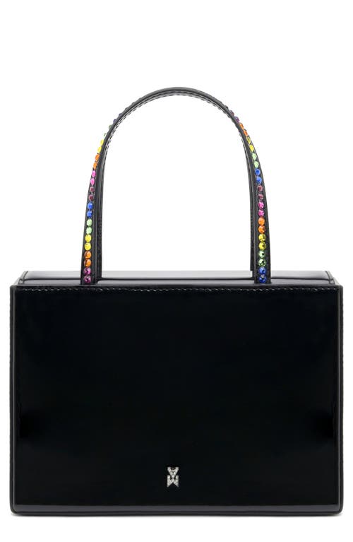 Amina Muaddi Gilda Rainbow Crystal Leather Top Handle Bag in Black Patent Rainbow Crystals