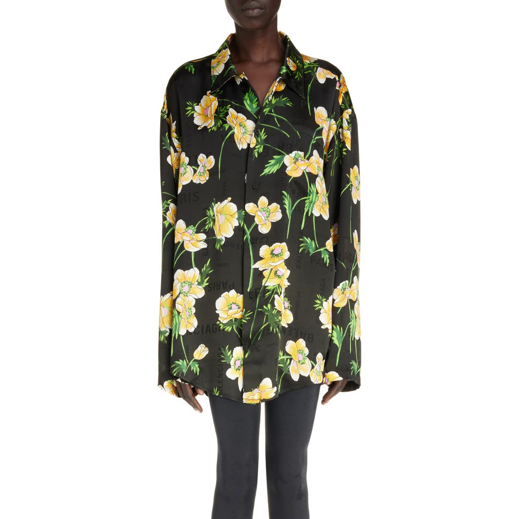 Balenciaga Oversize Floral Logo Jacquard Silk Button-up Shirt In Black/yellow