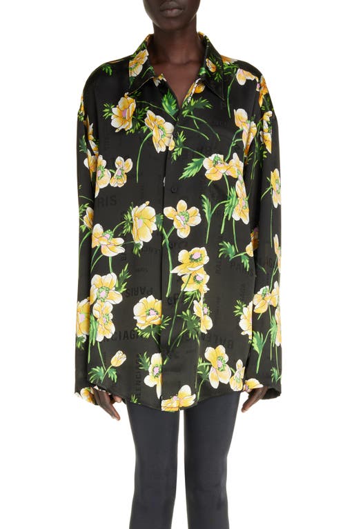 Balenciaga Oversize Floral Logo Jacquard Silk Button-Up Shirt Black/Yellow at Nordstrom, Us