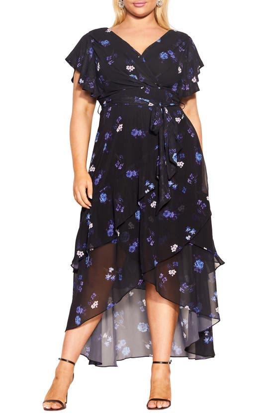 City Chic Floral High-low Faux Wrap Midi Dress In Black Helene Petal ...