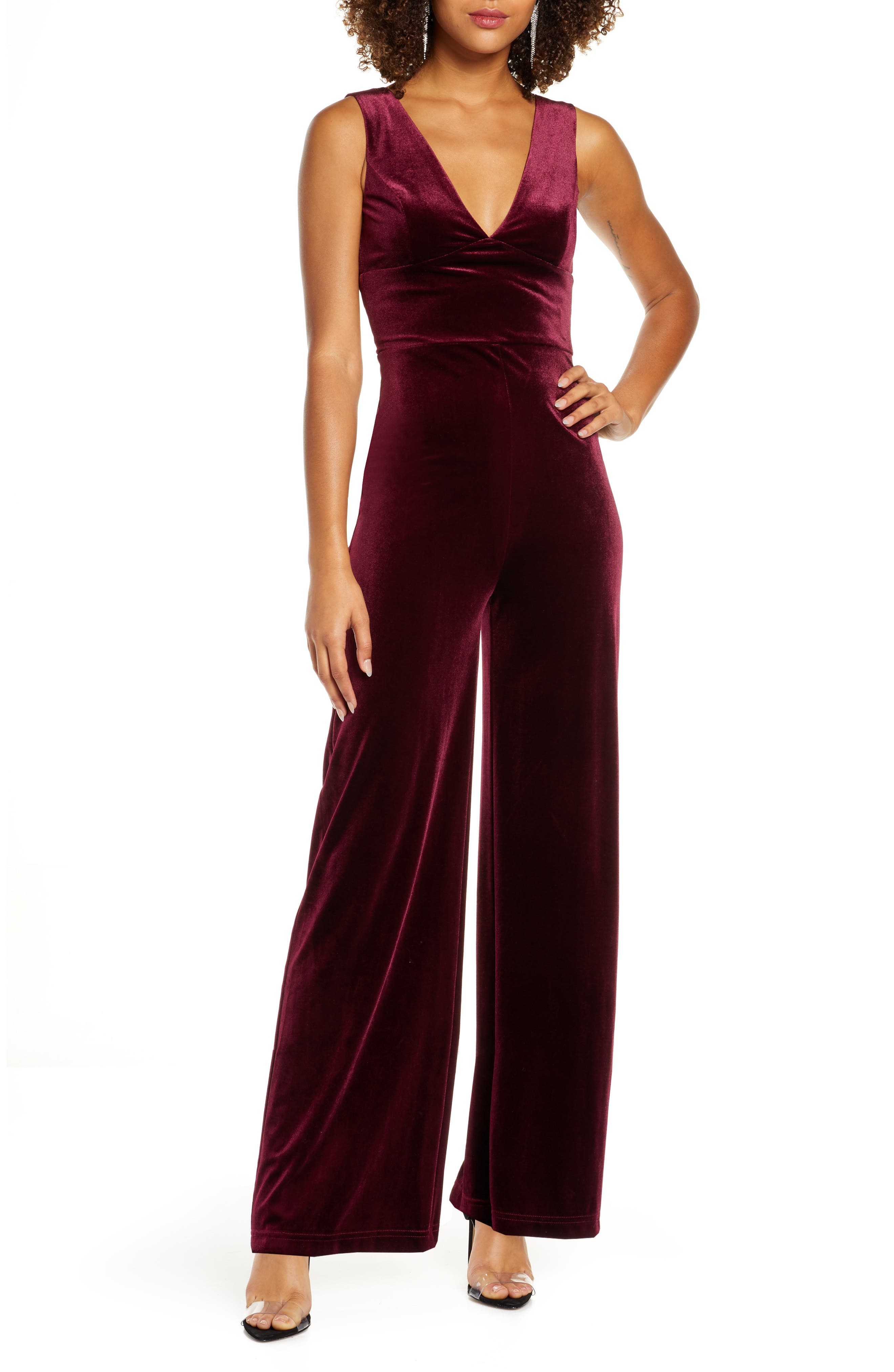 burgundy velvet jumpsuit