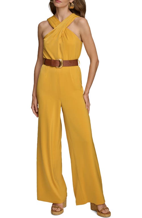 Belted Halter Wide Leg Jumpsuit in Golden Yellow