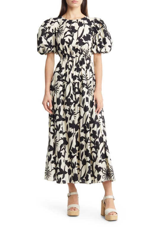 MOON RIVER Floral Side Tie A-Line Midi Dress in Ivory/black