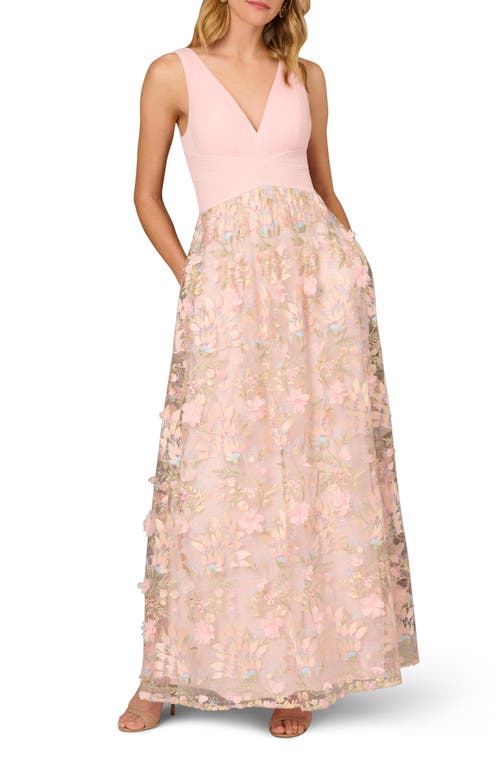 Floral Embroidered Mesh Ballgown in Pink Multi