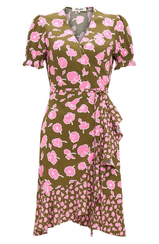 Shop Dvf Emilia Floral Puff Sleeve Wrap Dress In Rose Showers/ Khaki