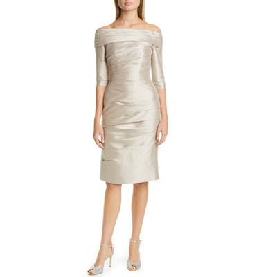 Pronovias Off The Shoulder Mikado Cocktail Dress, Grey