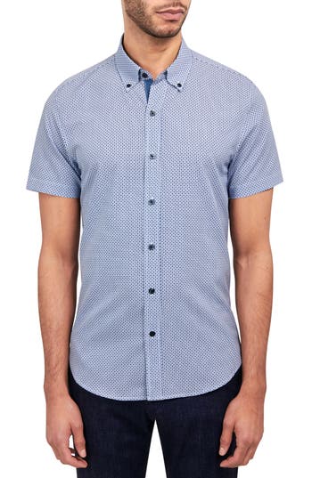 Shop Construct Slim Fit Geometric Print Short Sleeve 4-way Stretch Performance Button-up Shirt In Blue/white