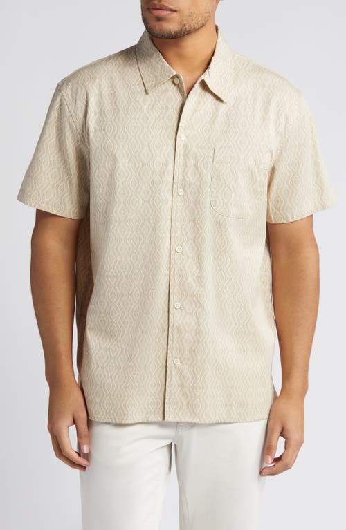 Tencel Blend Short Sleeve Button-Up Shirt in Tan- Beige Mosaic Tiles