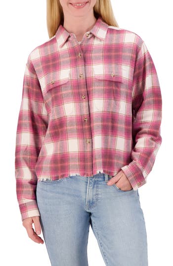 LUCKY BRAND LUCKY BRAND PLAID RAW EDGE BUTTON-UP FLANNEL SHIRT