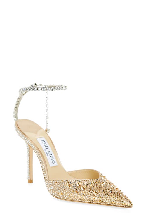 Jimmy Choo Saeda Crystal Ankle Strap Pointed Toe Pump In Gold