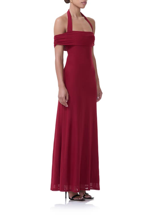 Shop Afrm Yvonne Off The Shoulder Mesh Halter Maxi Dress In Rhubarb