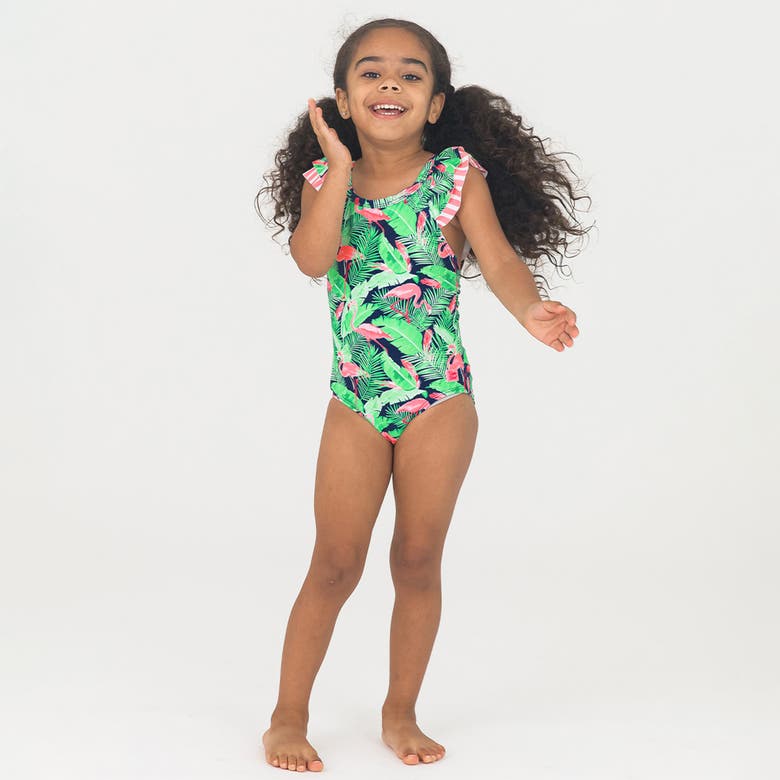 Shop Rufflebutts Girls V-back Upf50+ One Piece In Flamingo Frenzy